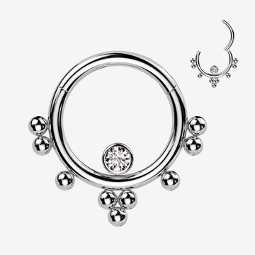 Ornate Bali Beads Sparkle Clicker Hoop Ring-Clear Gem